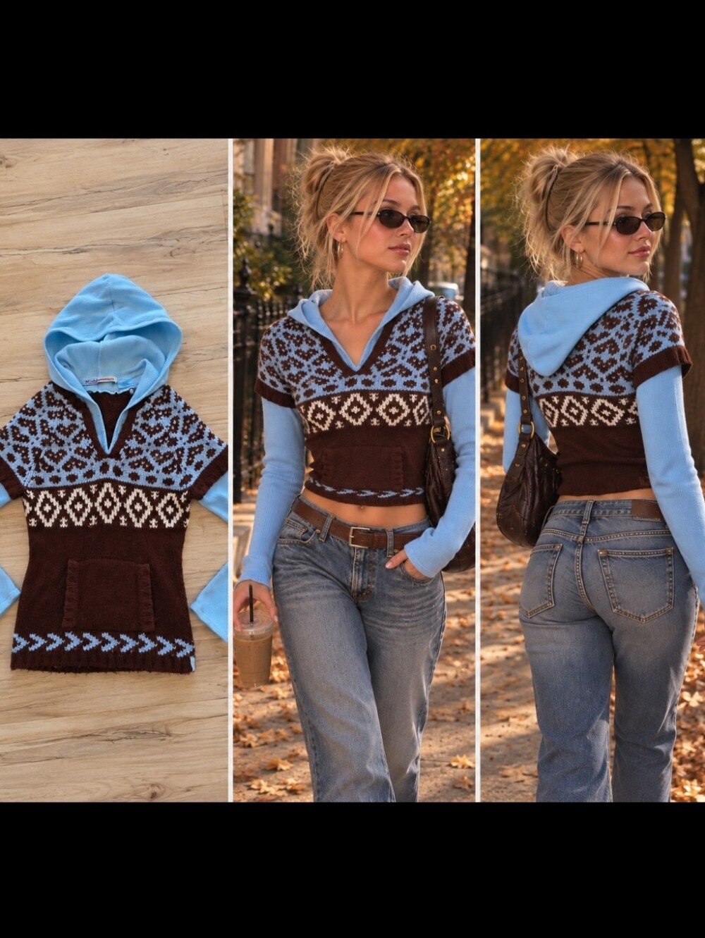 Y2K 00s Mudd Thermal Layered Fair Isle knit Hoodie Sz M Junior Henley Vtg